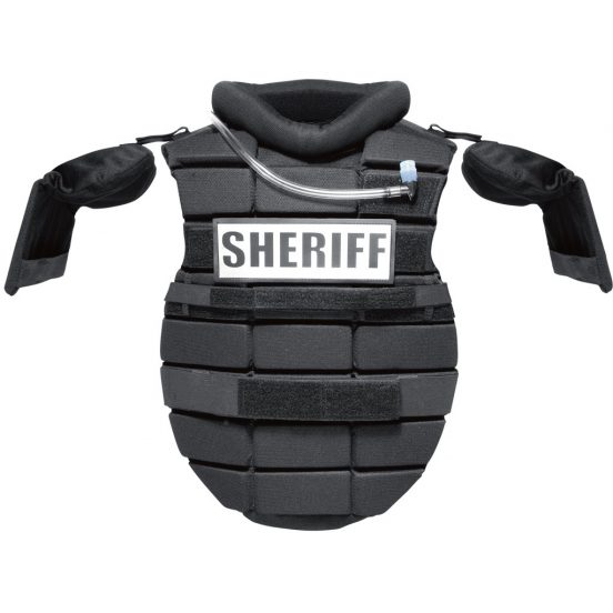 Monadnock Centurion upper body and shoulder protection gear for riot control, featuring durable EVA foam and adjustable closures.