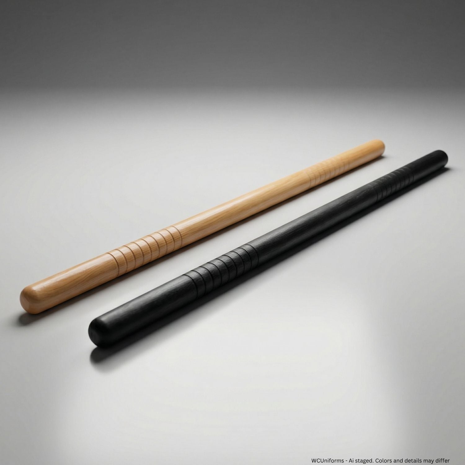 Two batons, one wooden and one black, on a gray background