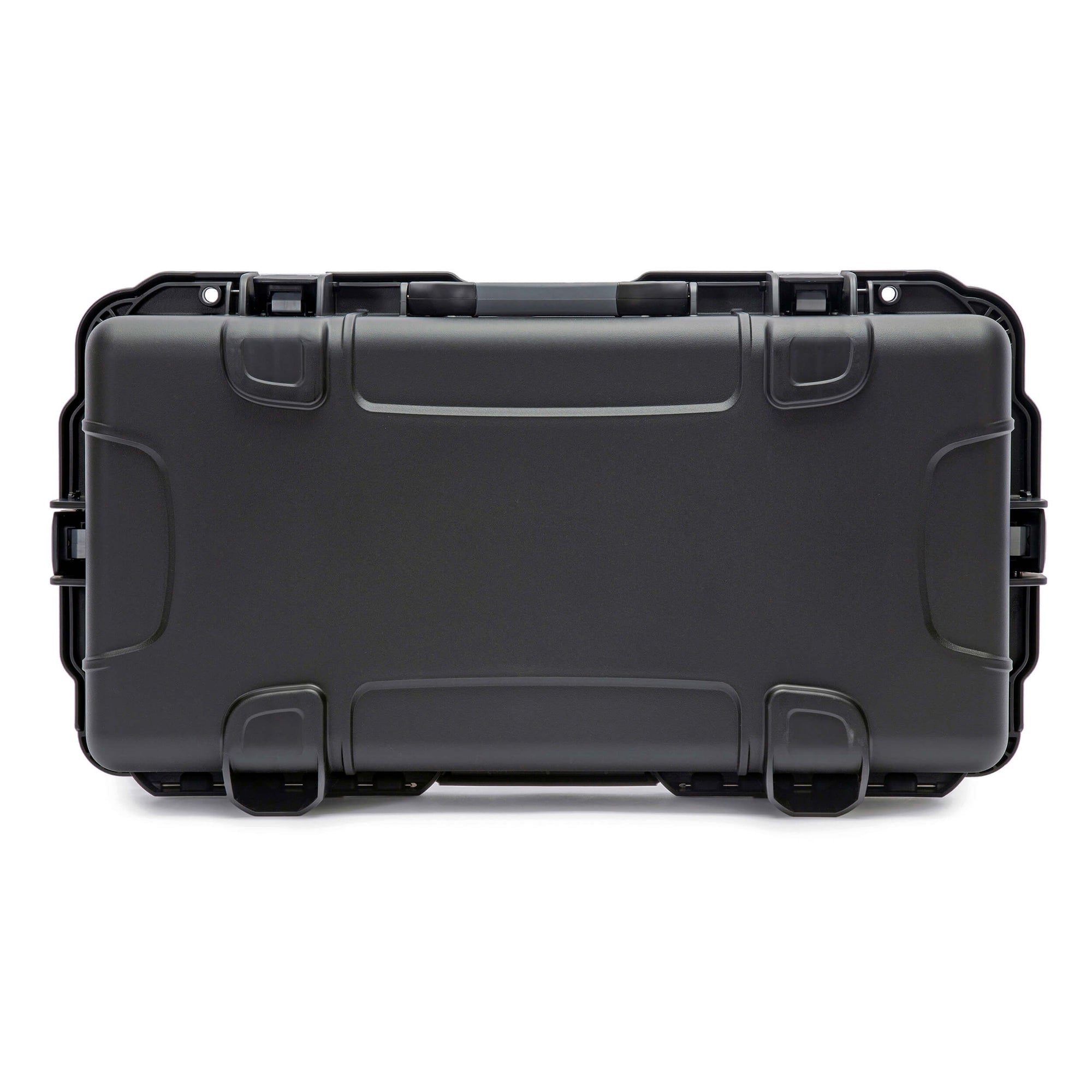Black hard-shell protective case on a white background