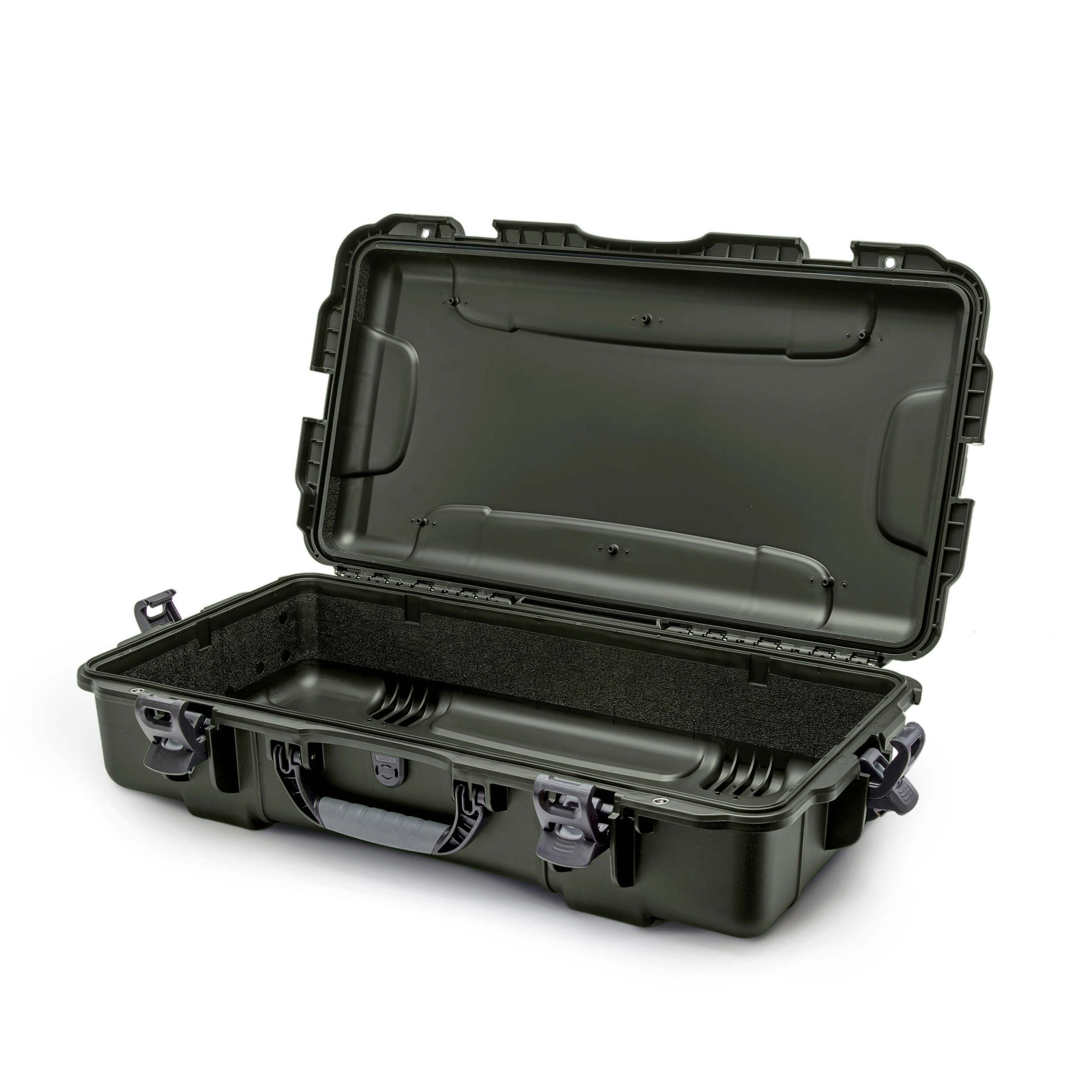 Black hard-shell protective case with foam lining on a white background