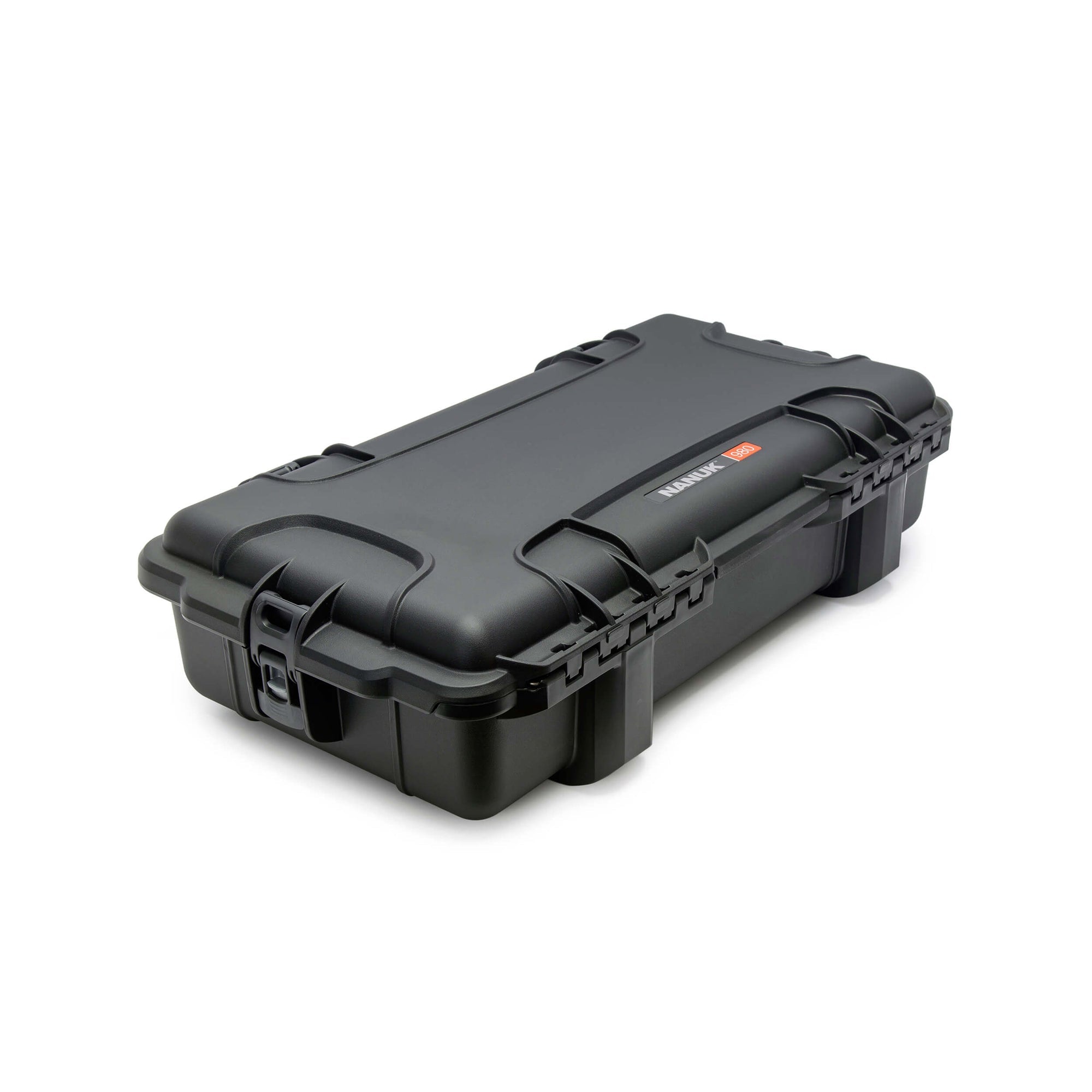 Black hard-shell protective case on a white background