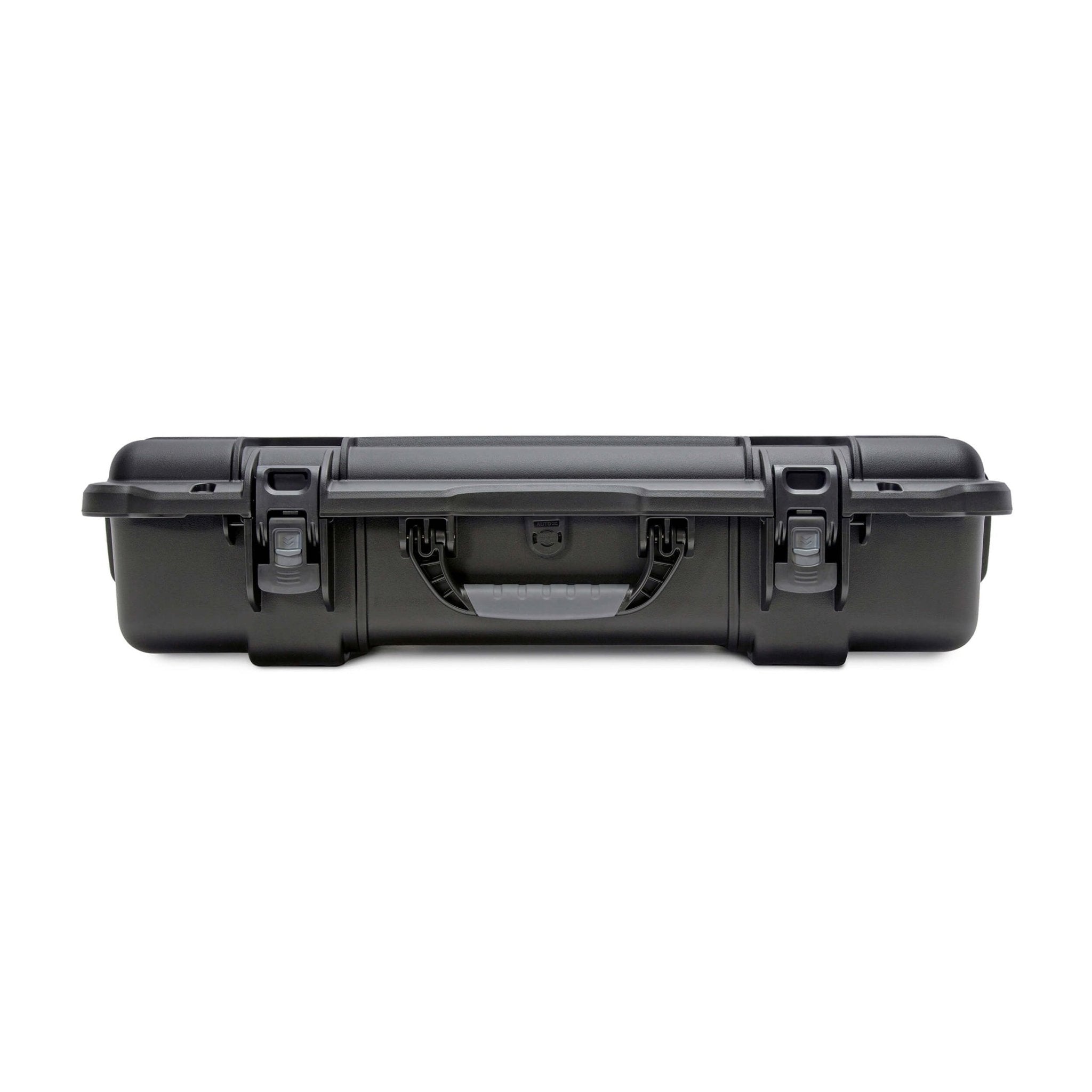 Black hard-shell travel case on a white background