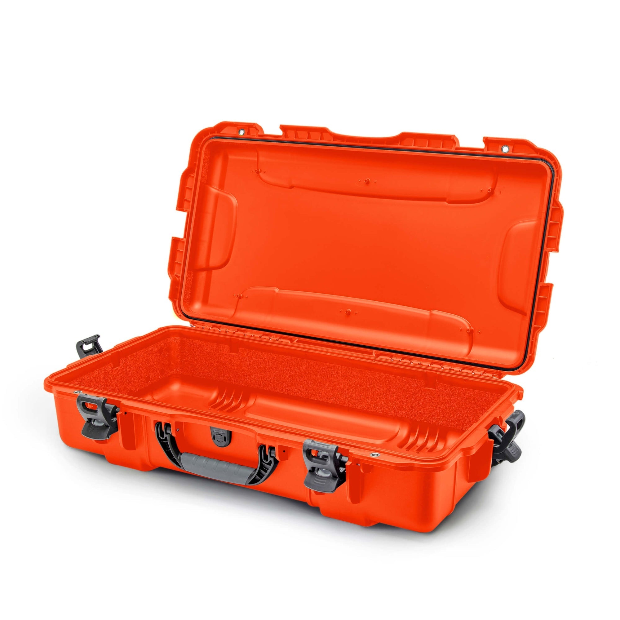 Orange protective case with open lid on a white background