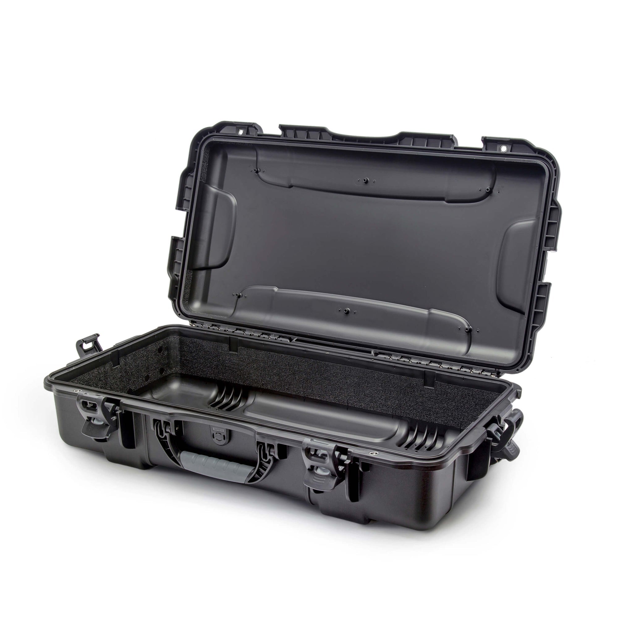 Black protective case with open lid on a white background