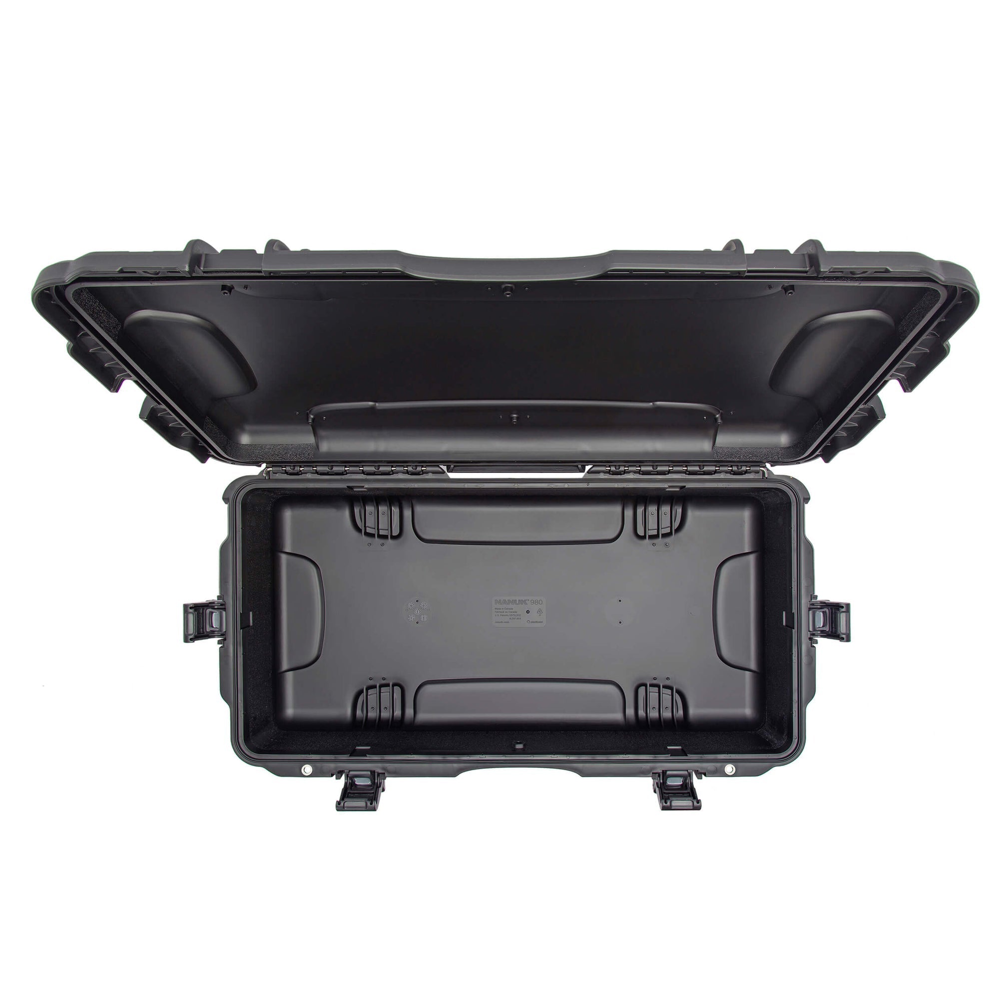 Black open protective case on a white background