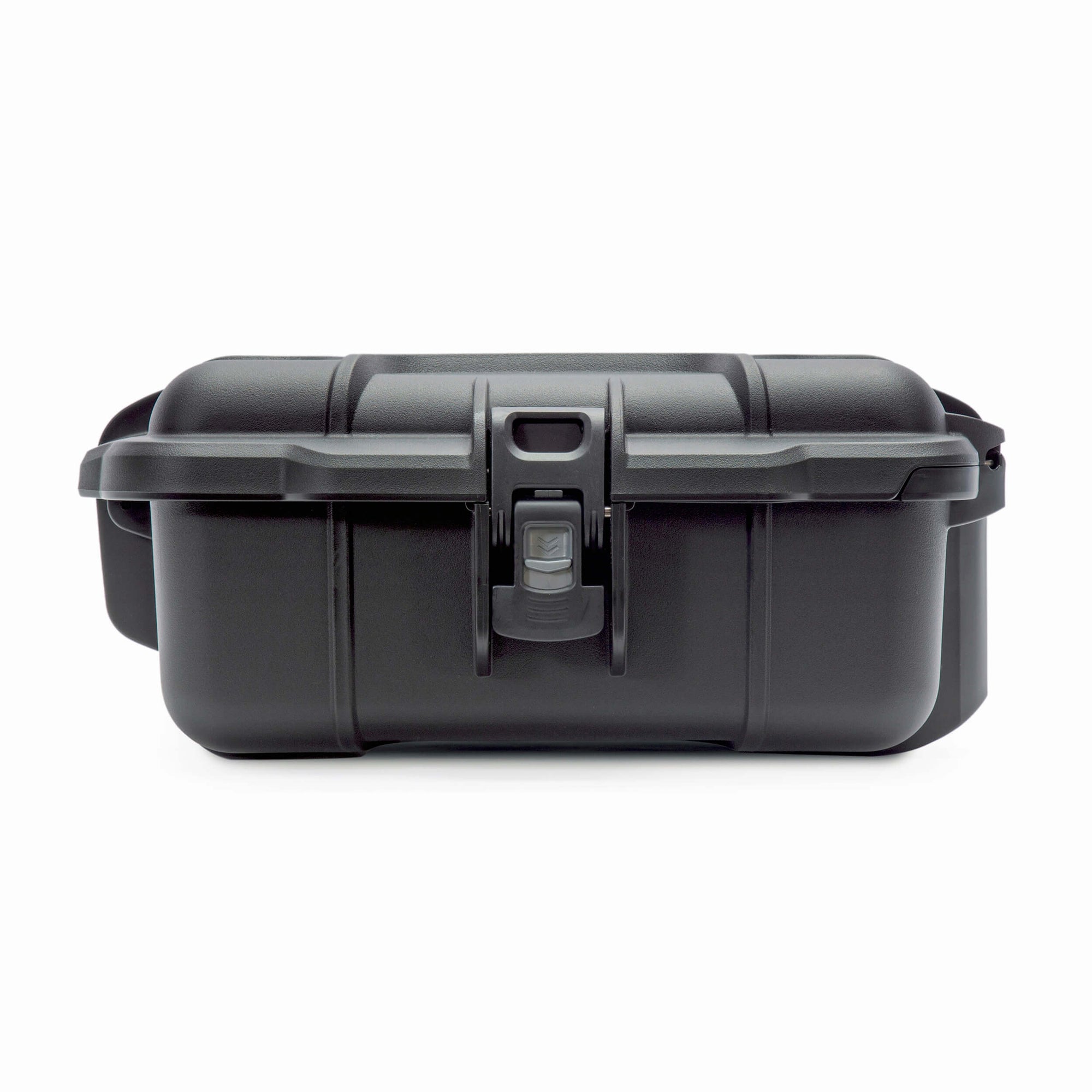 Black hard-shell travel case on a white background
