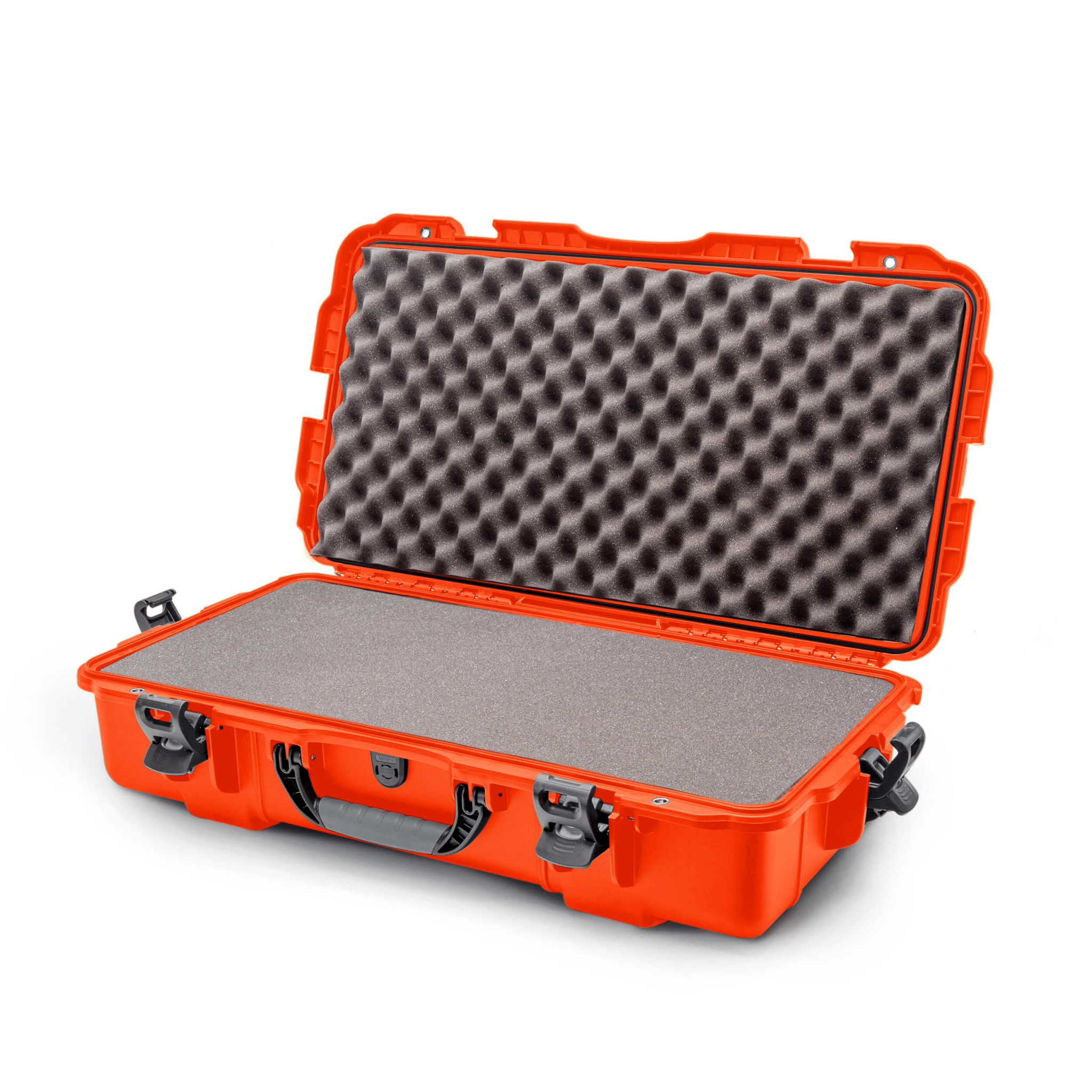 Open Nanuk 980 case with foam interior, showcasing waterproof and crushproof design in vibrant orange color.