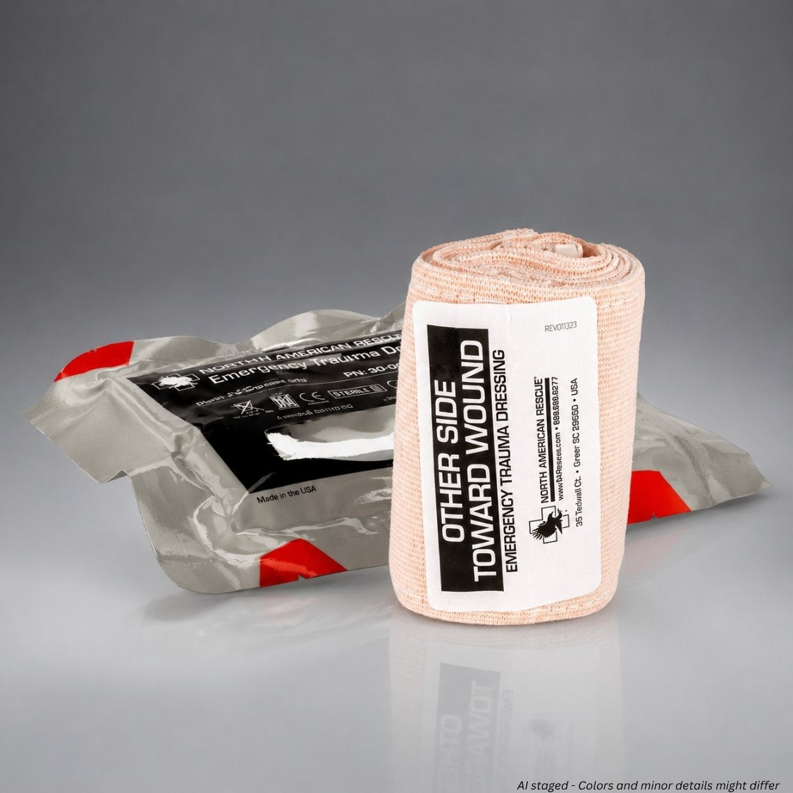 North American Rescue 4 inch Mini Emergency Trauma Dressing 30-0179, sealed package front view