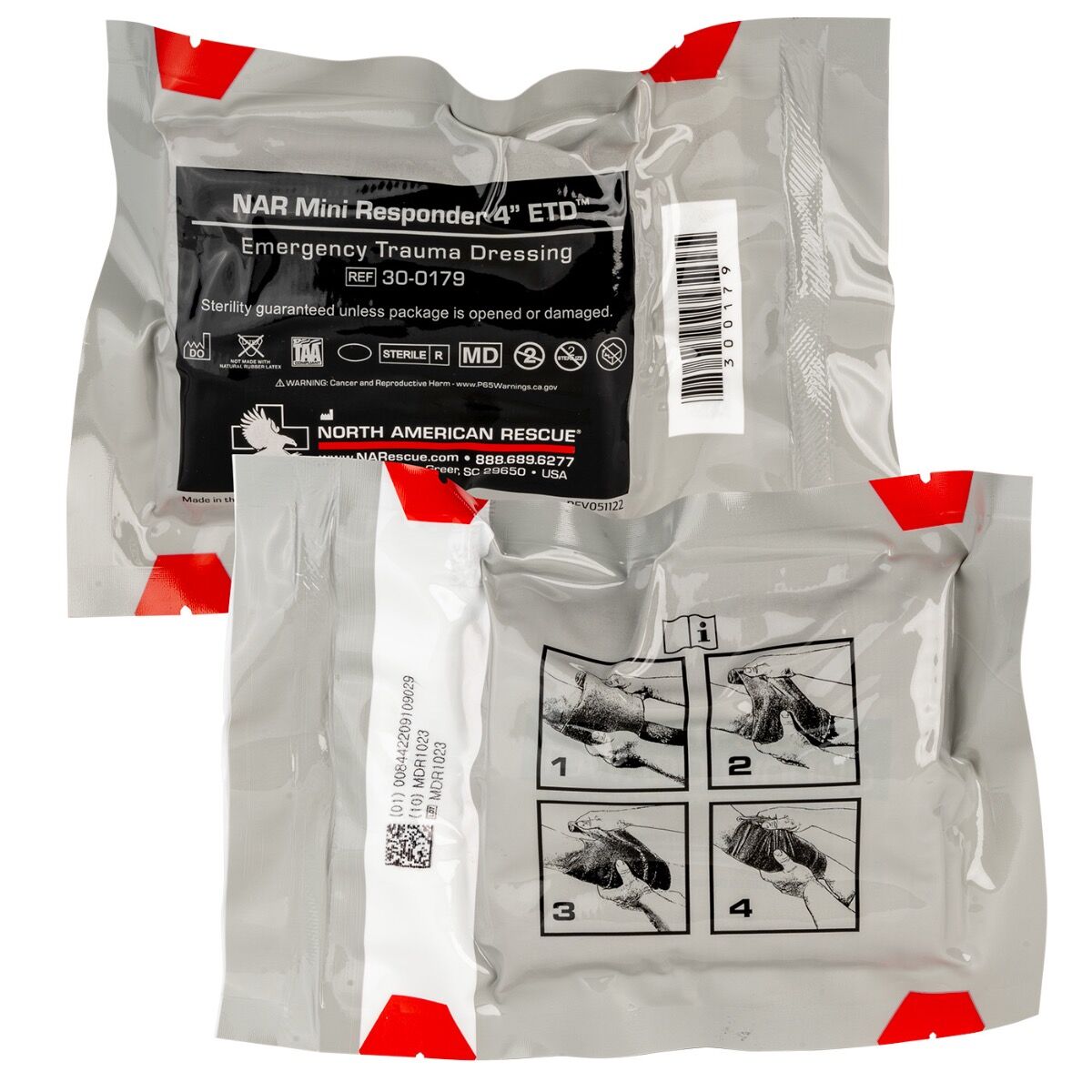 North American Rescue 4 inch Mini Emergency Trauma Dressing, detail view of C-clip and hook-and-loop closure