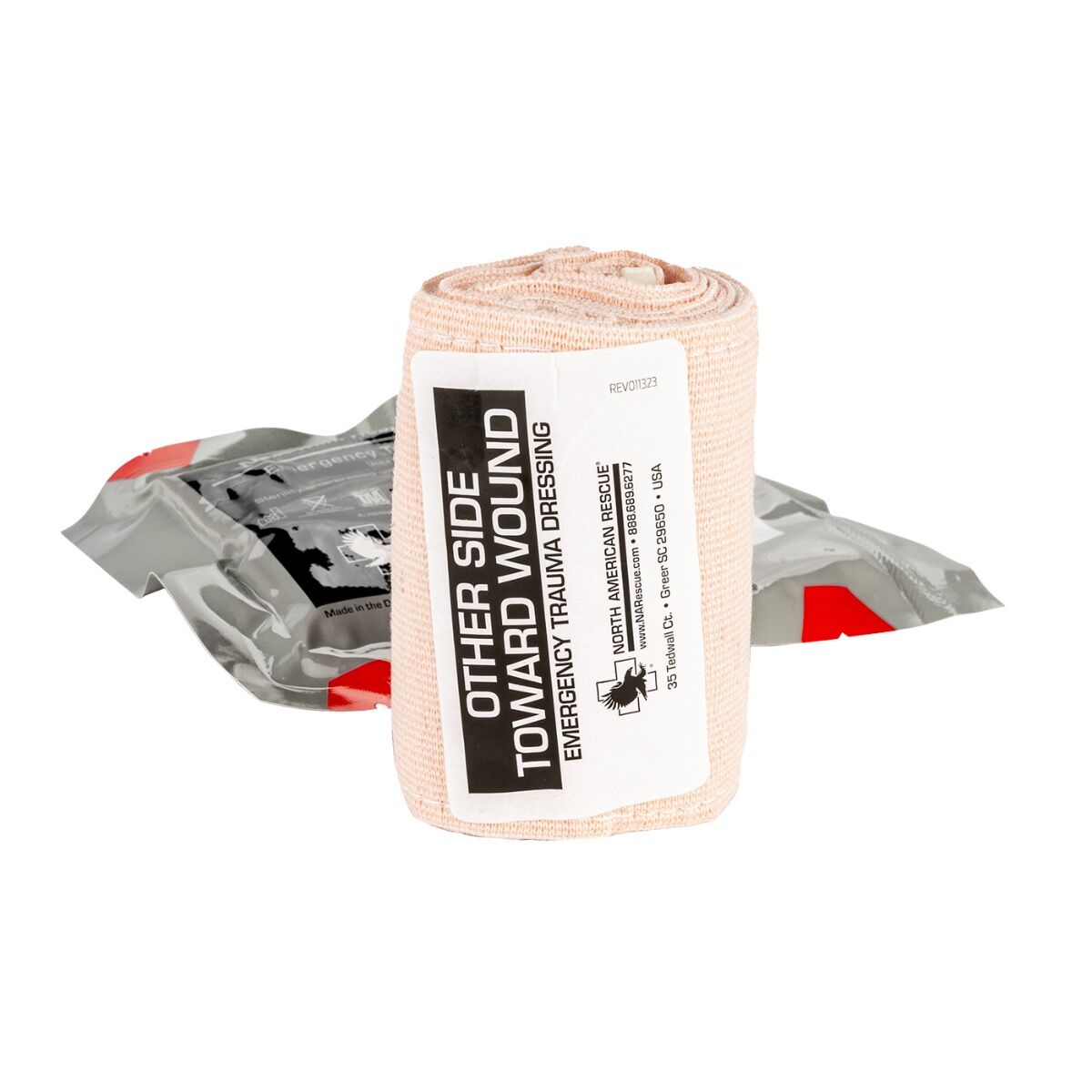 North American Rescue 4 inch Mini Emergency Trauma Dressing, sealed sterile pouch showing Red-Tip Technology tear notch