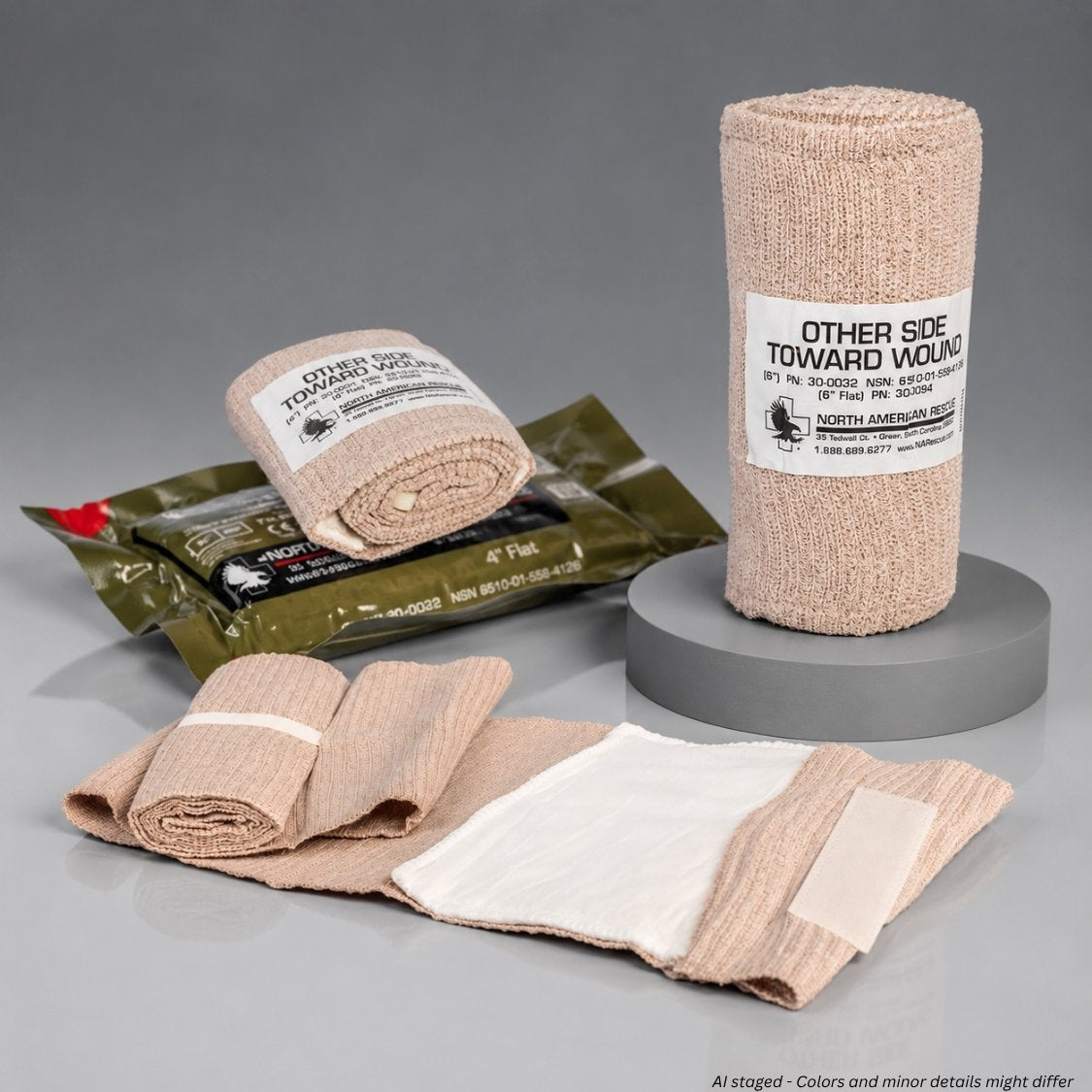 North American Rescue Flat Emergency Trauma Dressing 4 inch and 6 inch versions, flat-folded vacuum-sealed packages on white background
