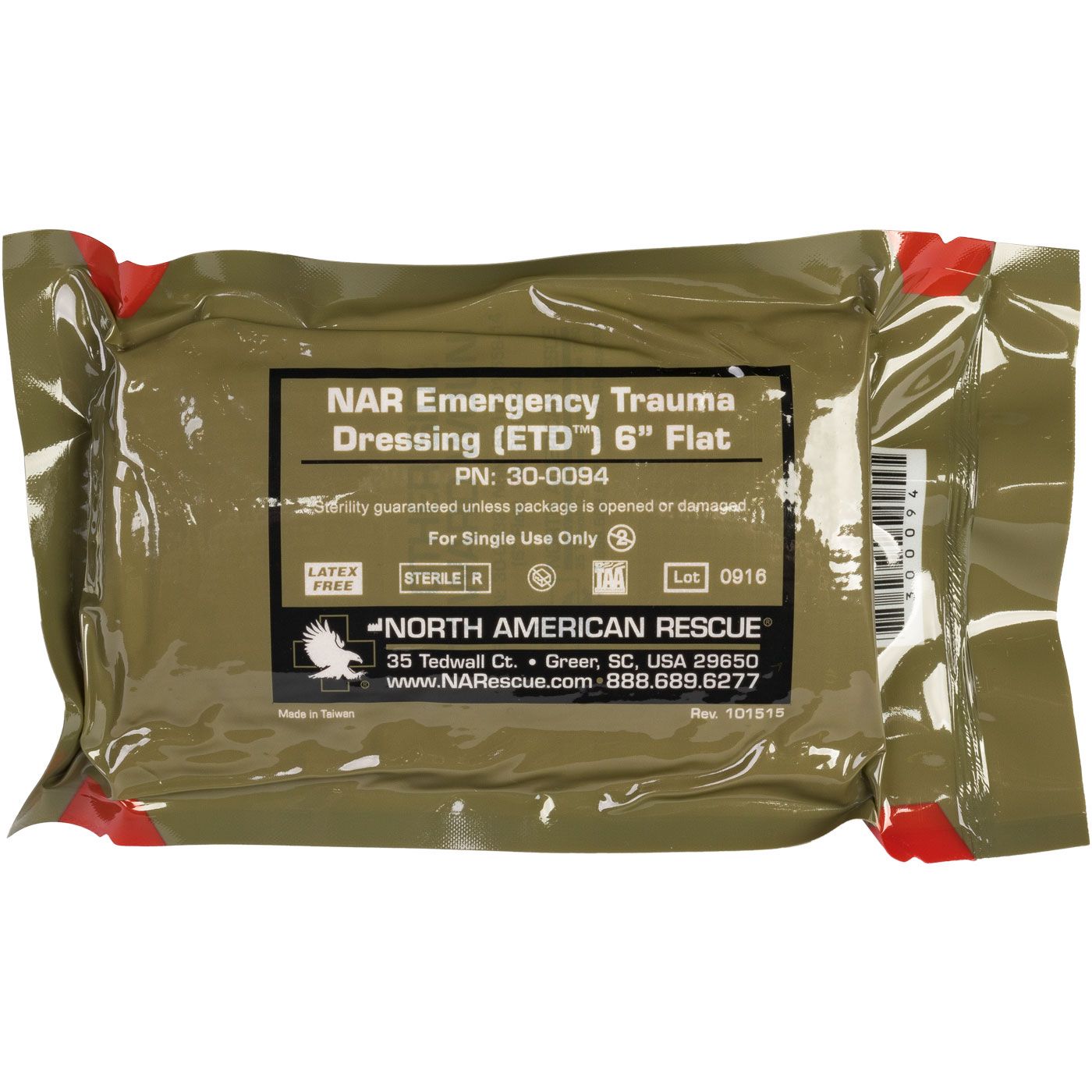 North American Rescue 6 inch Flat Emergency Trauma Dressing 30-0094, flat-folded vacuum-sealed sterile package showing front label on white background