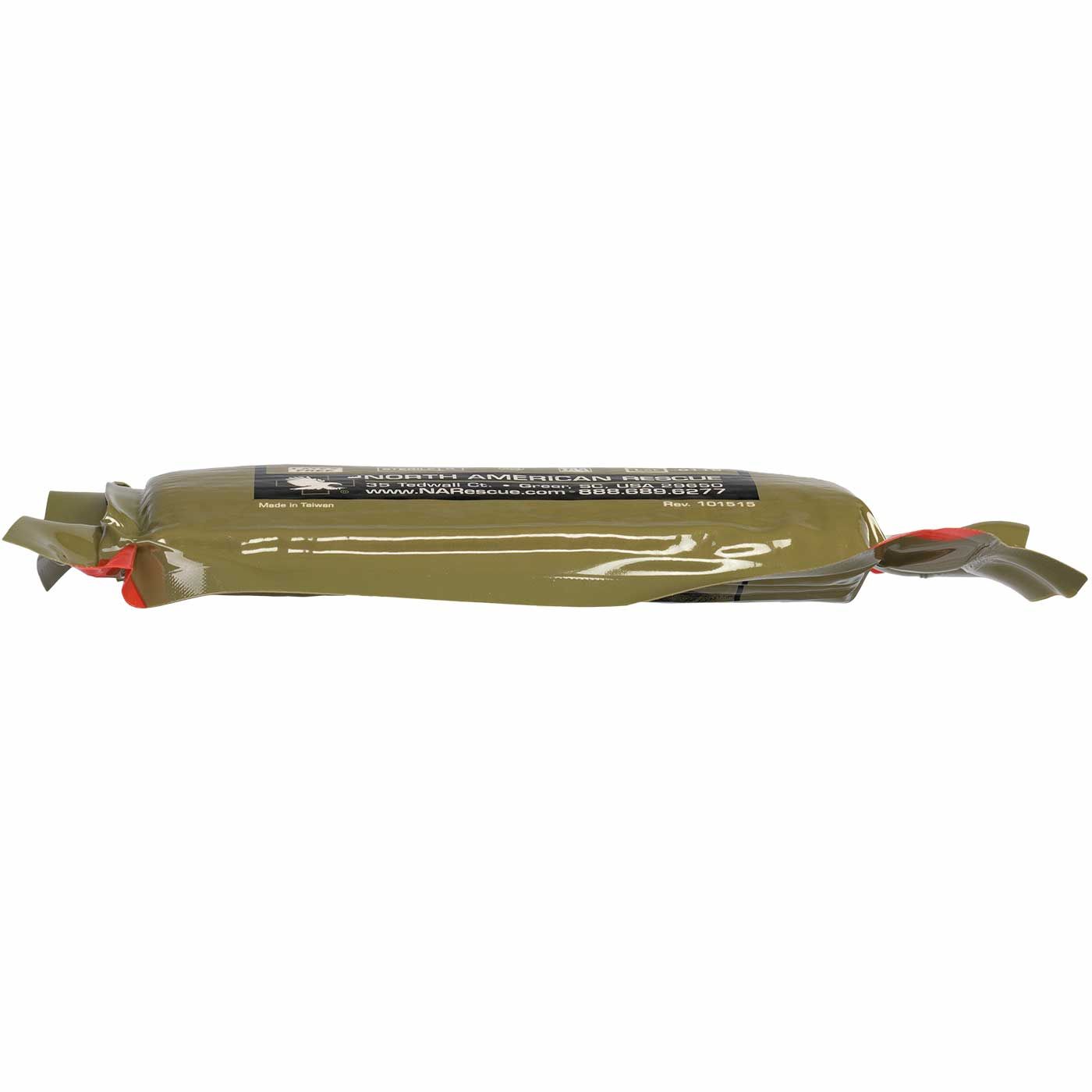 North American Rescue 6 inch Flat Emergency Trauma Dressing 30-0094, unrolled bandage showing elastic material and sterile non-adherent wound pad