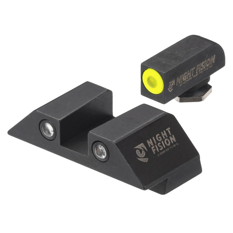 Night Fision Night Sight Set for Glock 17/19/34 showcasing self-illuminating Tritium aiming dots and sleek design.