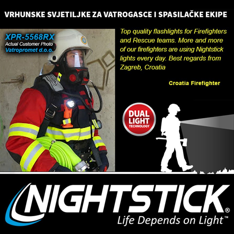 Firefighter wearing a Nightstick flashlight with promotional text and branding.