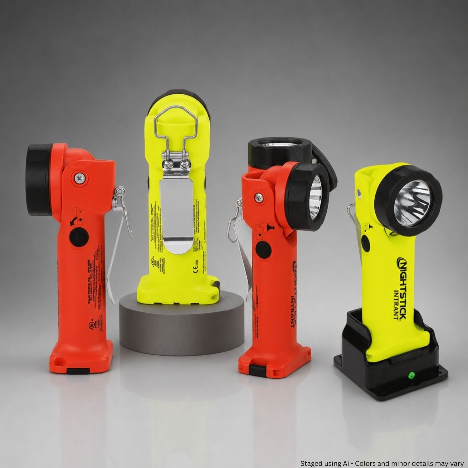 Four safety lights in red and yellow on a gray background