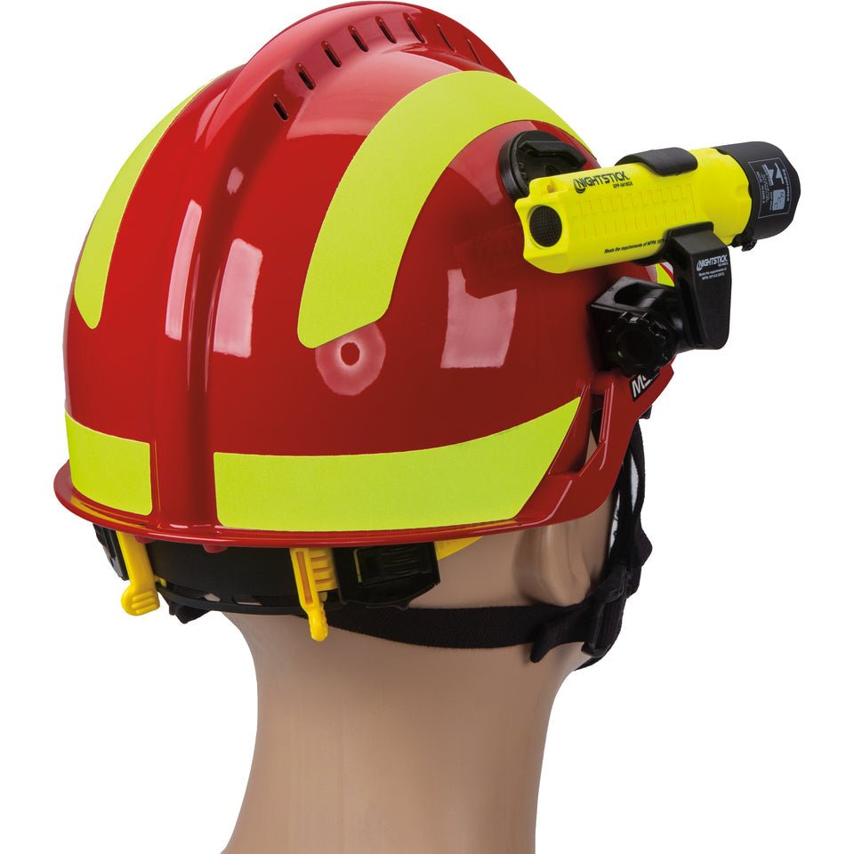 Nightstick XPP-5418GX-K01 flashlight mounted on a red fire helmet, rear view of the mount