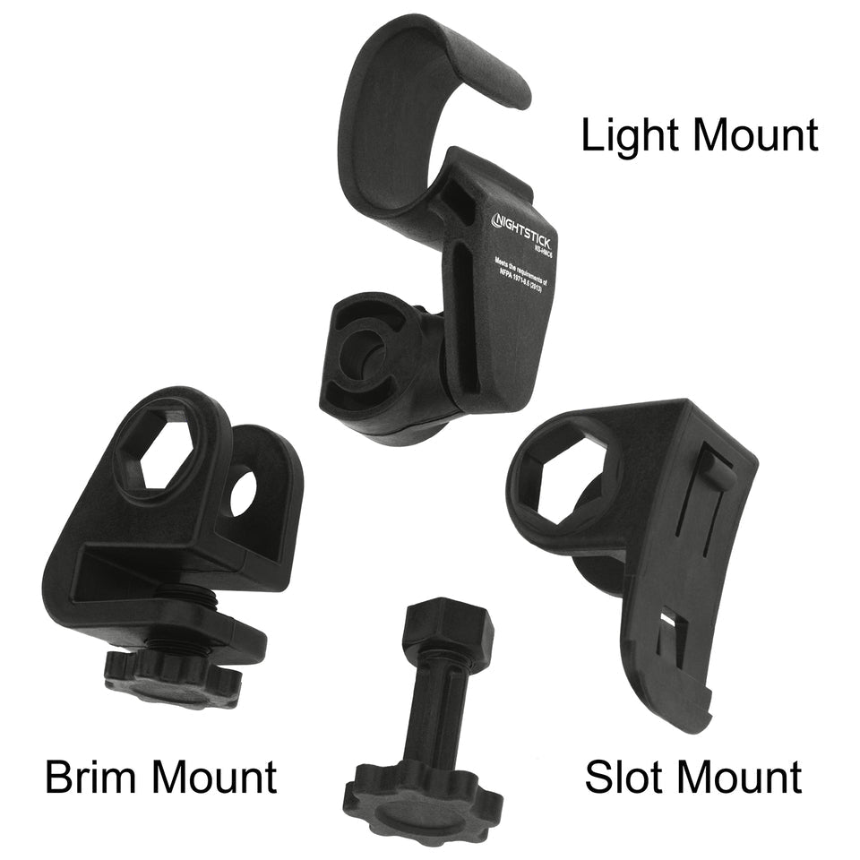 Nightstick NS-HMC6 multi-angle helmet mount set with three black plastic mounts and connecting screw