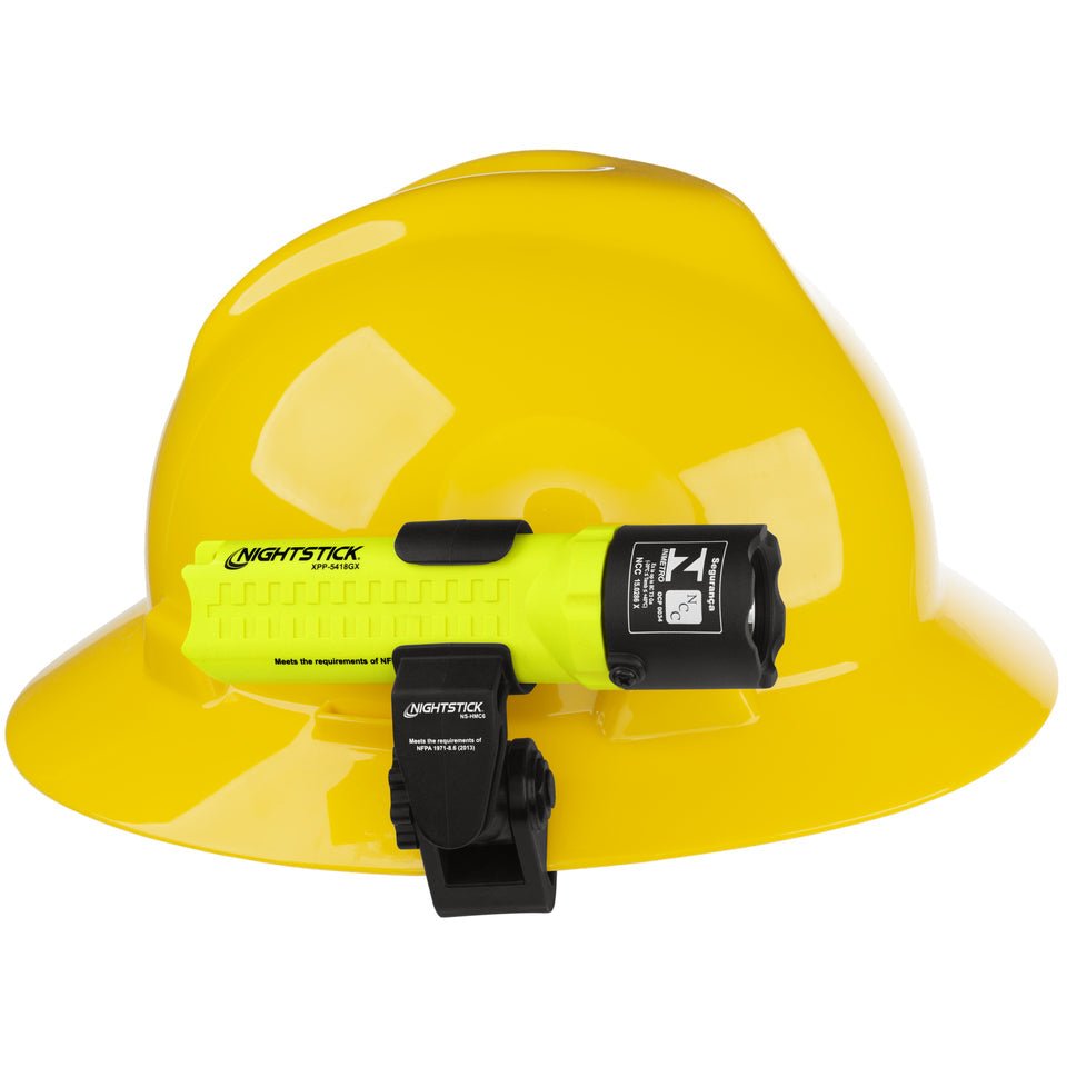 Nightstick XPP-5418GX-K01 flashlight on brim mount, angled upward for hands free lighting