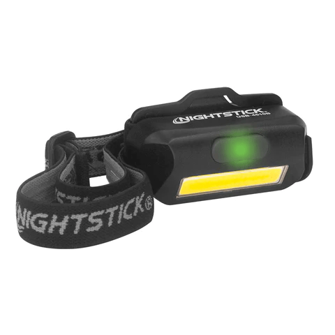 Nightstick USB-4510B Multi-Flood Rechargeable Headlamp with Brim Clip and Strap in Black, IP-X7 waterproof, for work or outdoor use. 
