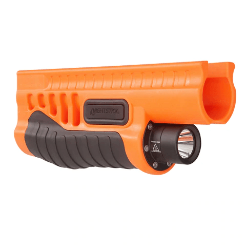 Nightstick shotgun forend light in vibrant orange for Mossberg 500/590/590A1, featuring a super-bright LED.