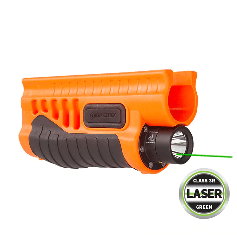 Nightstick shotgun forend light with green laser in orange, designed for Remington 870/TAC-14 pump-action shotguns.
