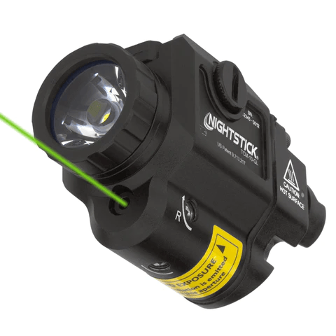 Nightstick TCM 550 Compact Tactical Light with Green Laser, featuring a powerful 650 lumens for effective threat identification.