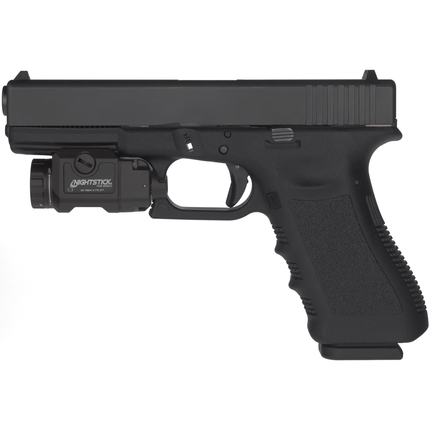 Nightstick TCM-550XL Compact Tactical Weapon Light 550 Lumens for Handguns Mounted shown on the gun
