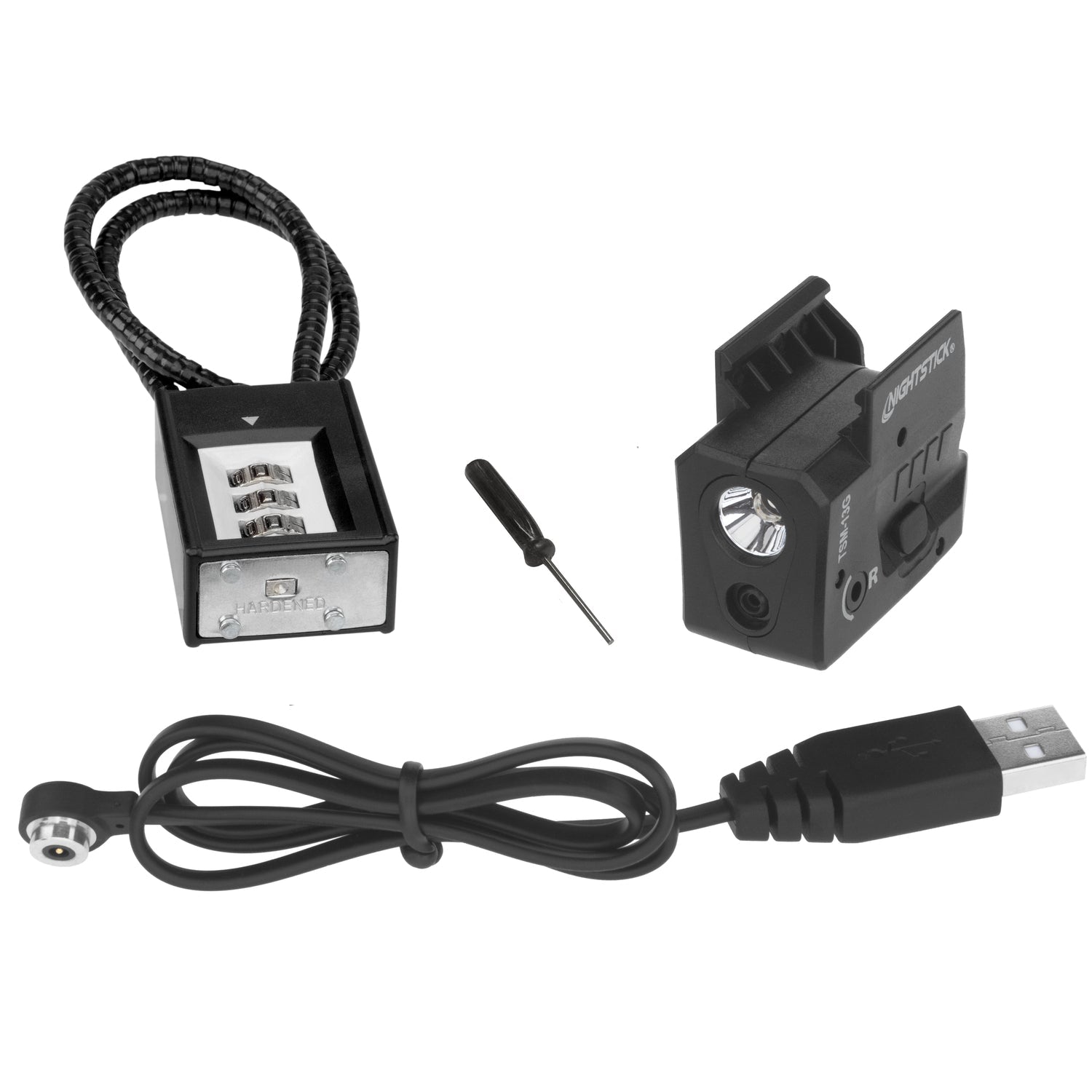Nightstick TSM-13G with MagMate USB cable, combination gun lock, and Allen screwdriver