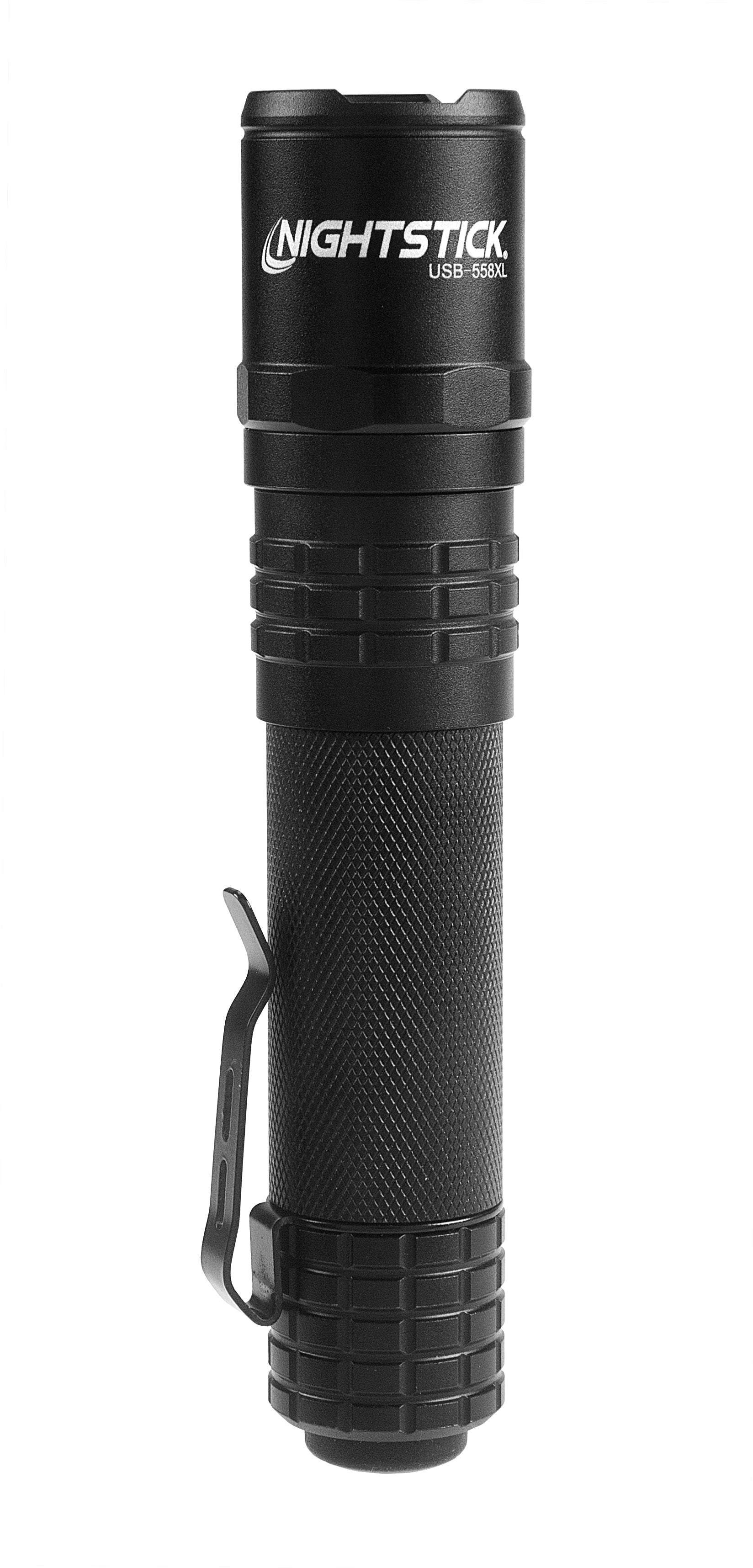 Nightstick USB-558XL tactical flashlight in black, body clip attachment shown on left side