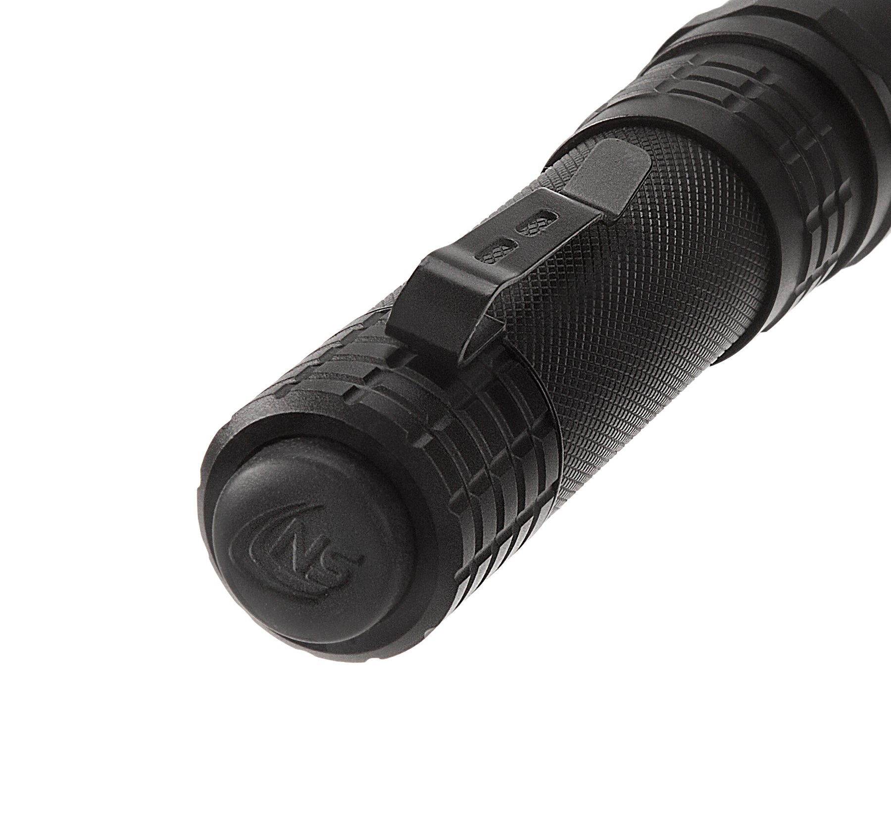Nightstick USB-558XL tactical flashlight in black, rear view showing tail cap and switch