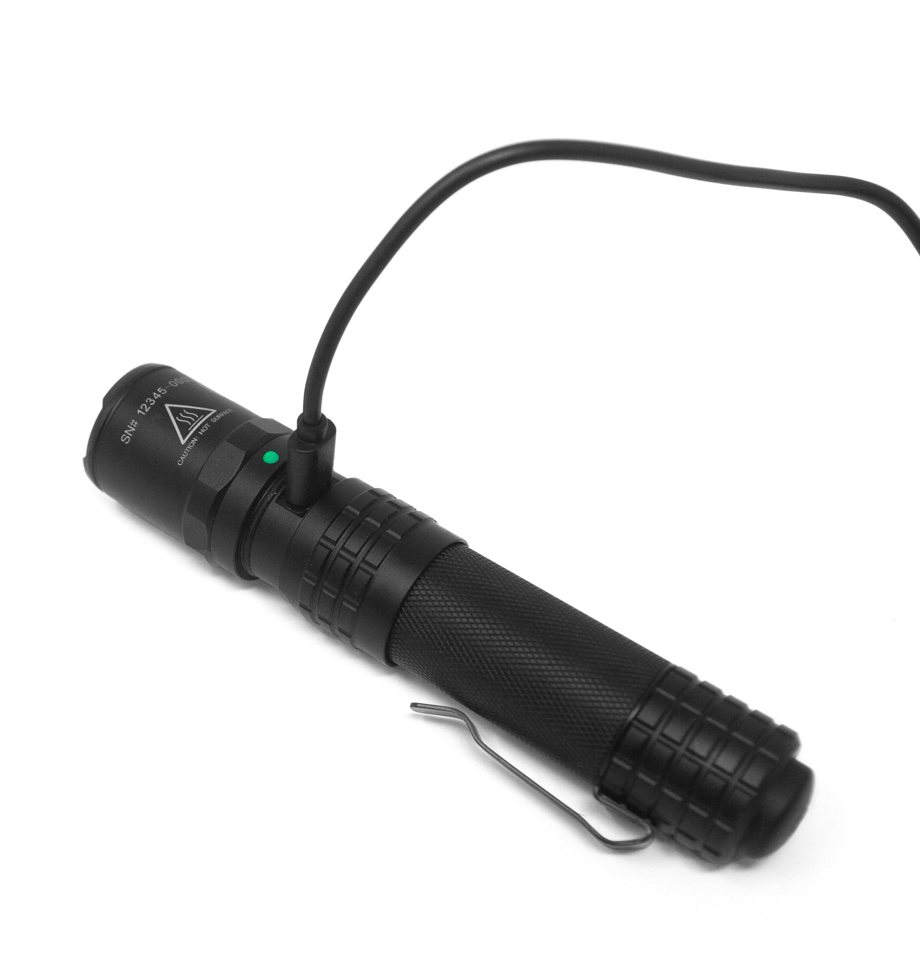 Nightstick USB-558XL tactical flashlight in black, shown with included USB charging cable