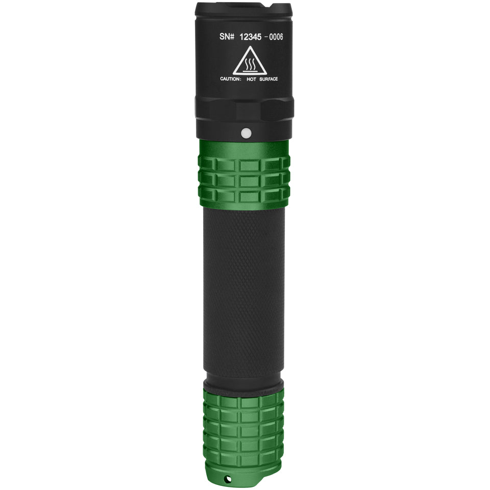 Nightstick USB-558XL-G tactical flashlight in olive green, straight-on rear view with tail switch visible
