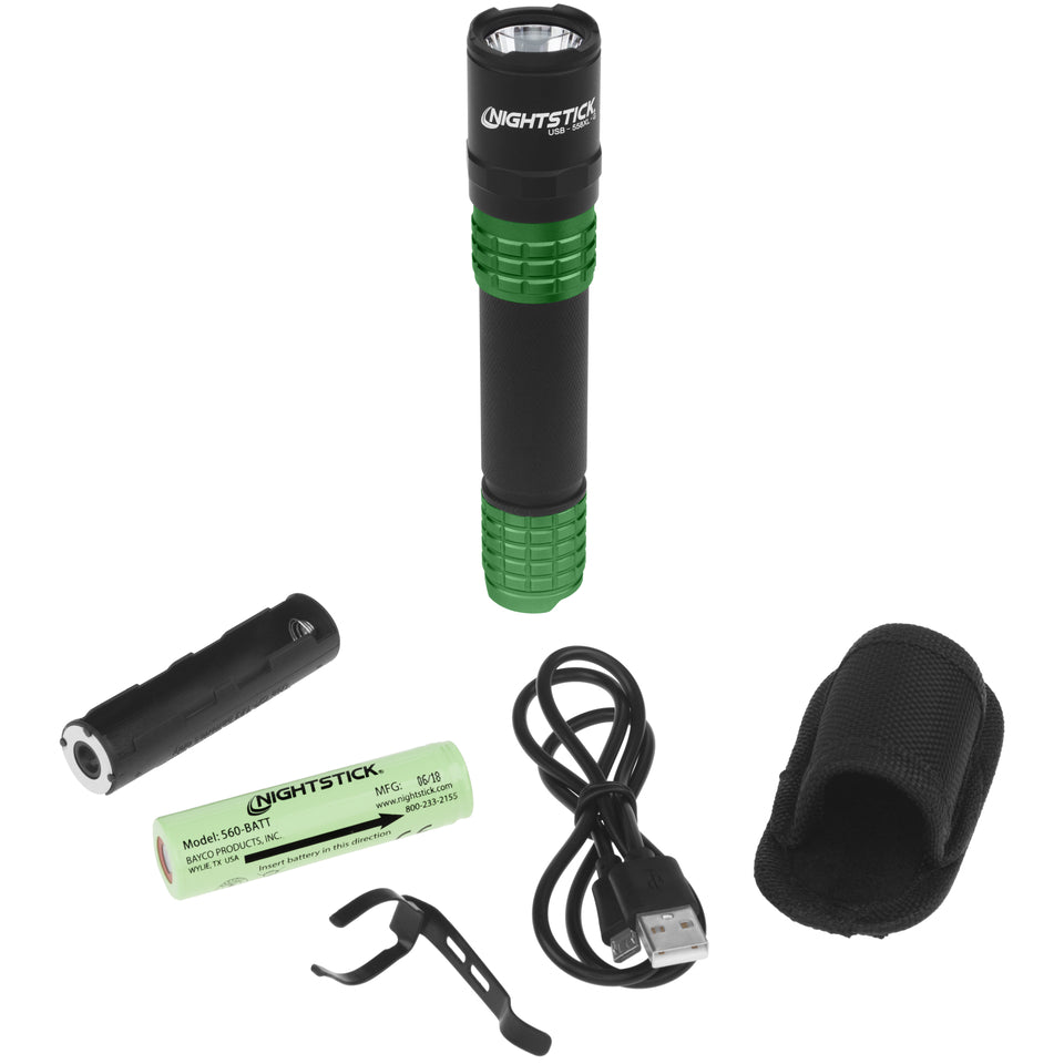 Nightstick USB-558XL-G tactical flashlight in olive green, shown with included accessories and USB cable