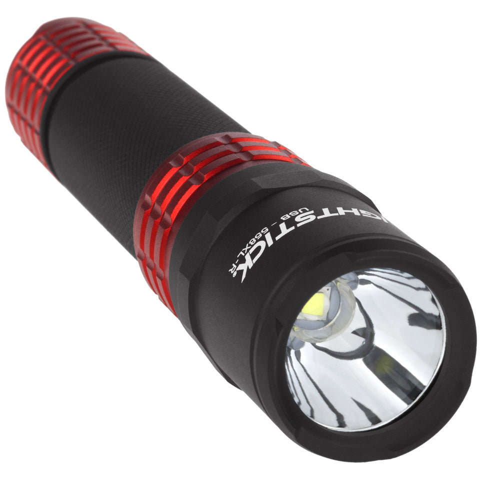 Nightstick USB-558XL-R tactical flashlight in red, head-on front lens view