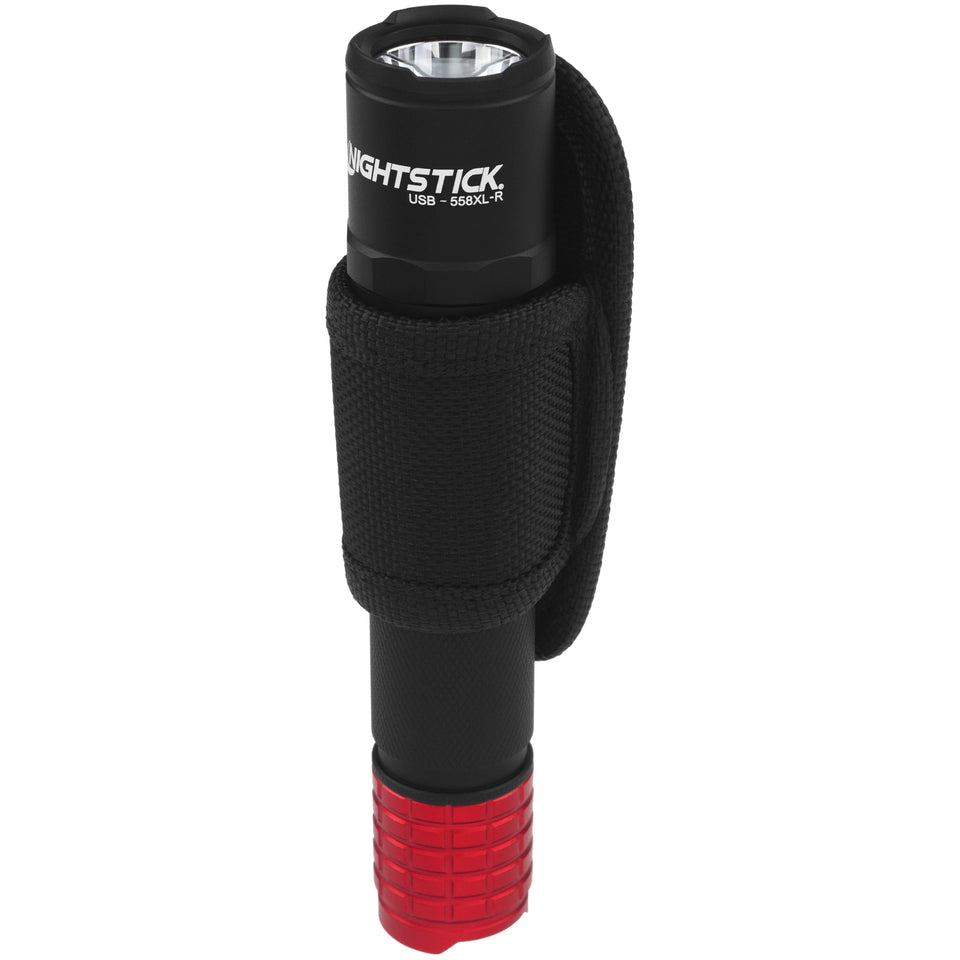 Nightstick USB-558XL-R tactical flashlight in red, seated in duty belt holster