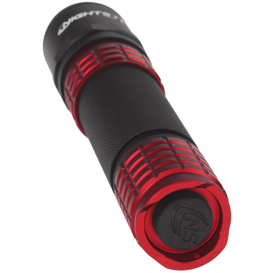Nightstick USB-558XL-R tactical flashlight in red, tail cap and rear button detail