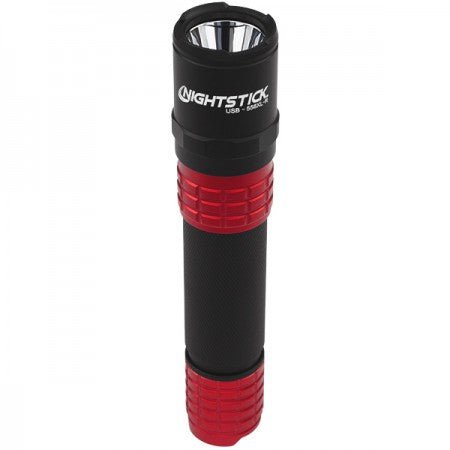 Nightstick USB rechargeable tactical flashlight with a CREE LED, featuring high, medium, low, and strobe modes.