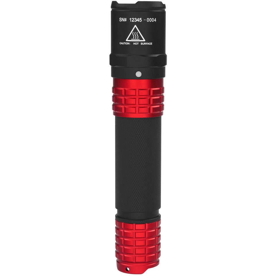 Nightstick USB-558XL-R tactical flashlight in red, straight-on rear view