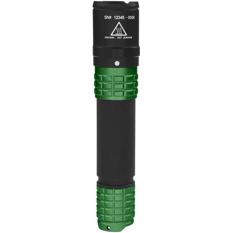 Nightstick USB-558XL-G tactical flashlight in olive green, straight-on rear view with tail switch visible