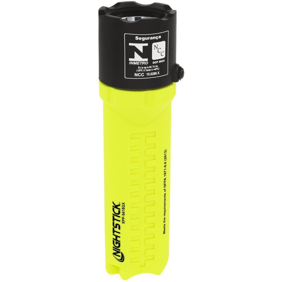 Nightstick XPP-5418GX front view with certification label and molded grip