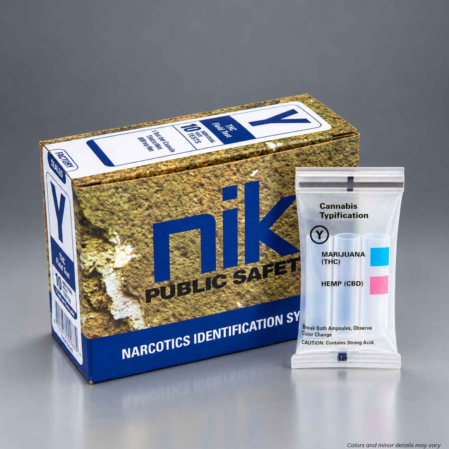 NIK Test Y THC Quick Test 1347798, box of 10 with Cannabis Typification test pouch on a gray studio background