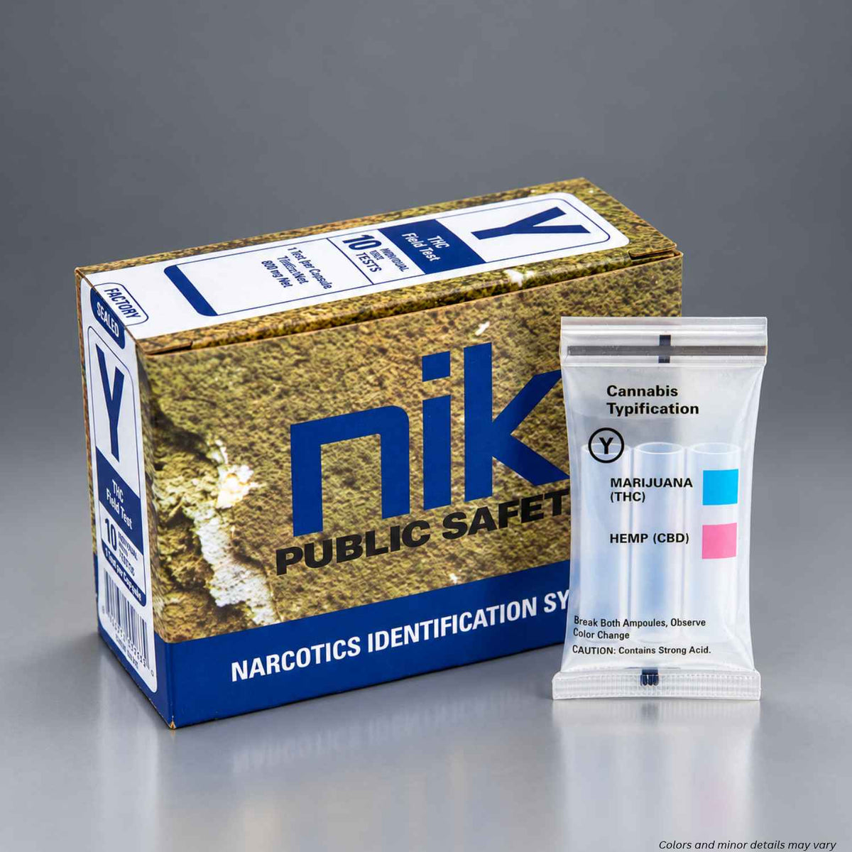 NIK Test Y THC Quick Test 1347798, box of 10 with Cannabis Typification test pouch on a gray studio background