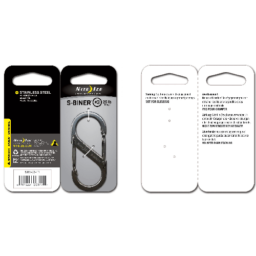 Nite Ize Dual Carabiner Stainless Steel packaging showcasing its dual gates and weather-resistant design for versatile use.