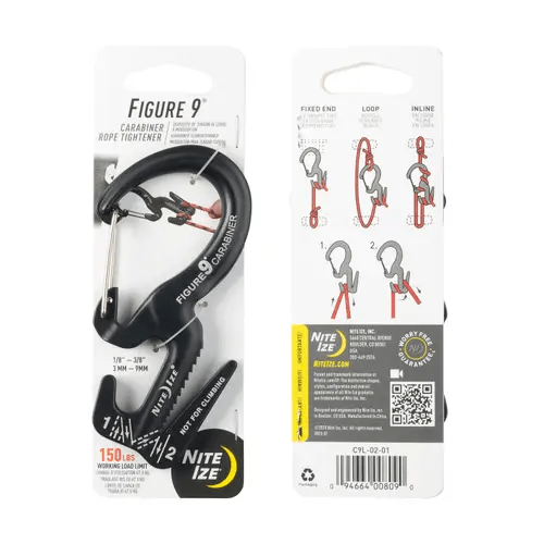 Nite Ize Figure 9 Carabiner Rope Tightener packaging, showcasing its design for easy rope tensioning and securing without knots.