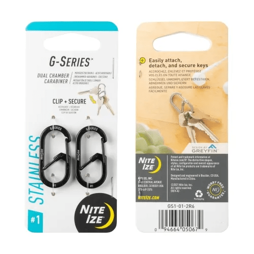 Nite Ize G-Series Dual Chamber Carabiner #1 2 Pack packaging showcasing black stainless steel carabiners for secure key carrying.