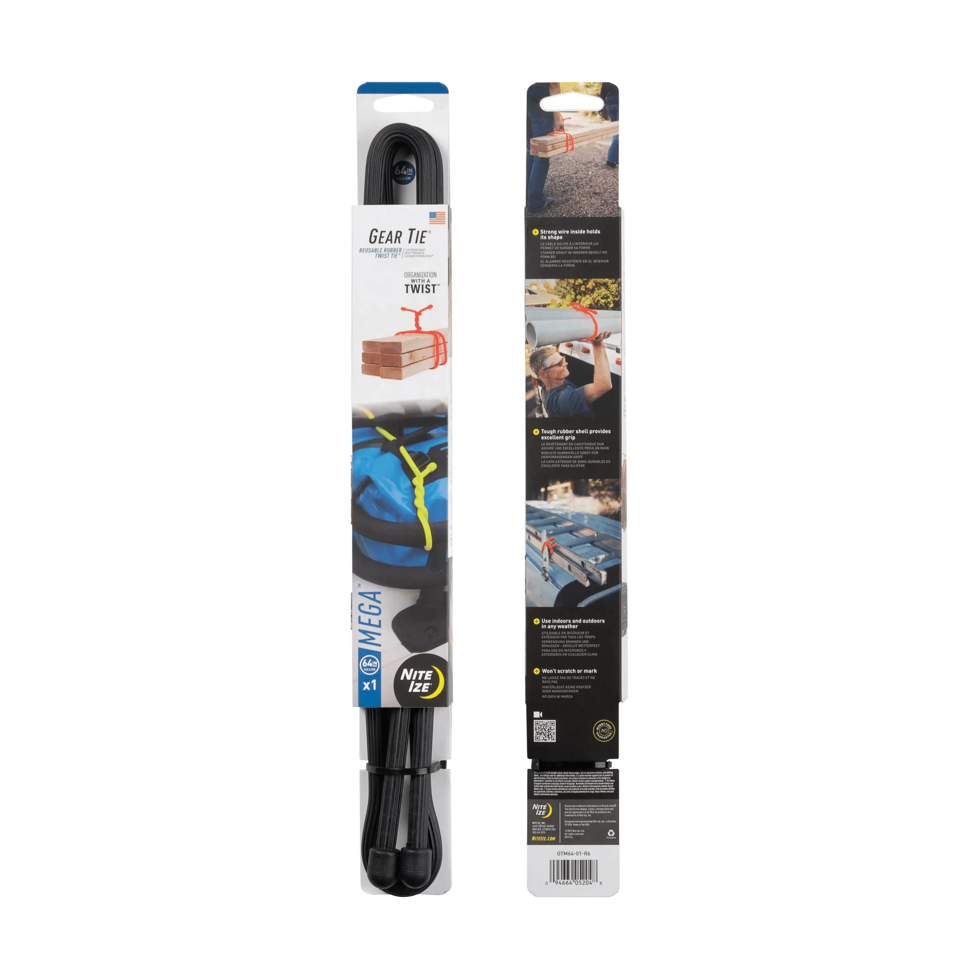 Nite Ize Gear Tie Mega Twist Tie packaging, showcasing versatile organizing and wrapping solutions for home and outdoor use.