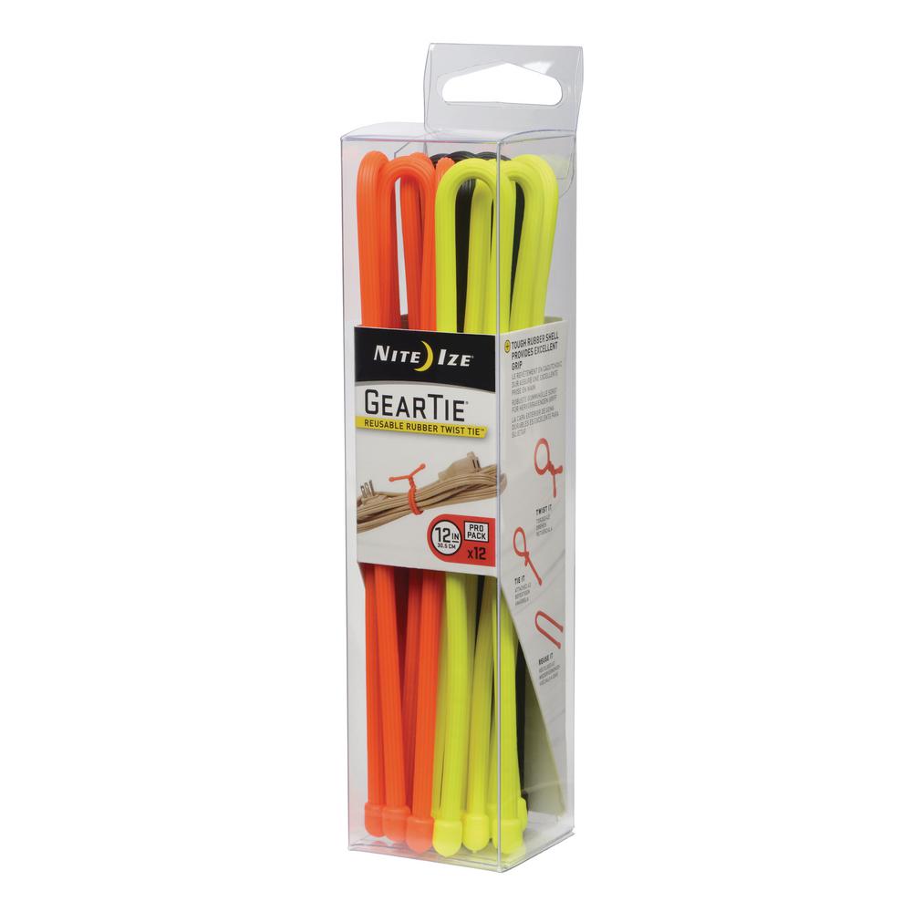 Nite Ize Gear Tie ProPack 12 pack in assorted colors, showcasing flexible and durable ties for wrapping and organizing.