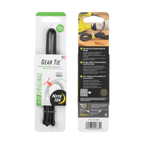 Nite Ize Gear Tie reusable rubber twist tie packaging showcasing strong bendable wire and durable rubber exterior.