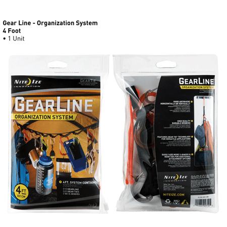 Nite Ize GearLine Organization System, 4-foot display packaging showcasing carabiners and twist ties for versatile hanging solutions.